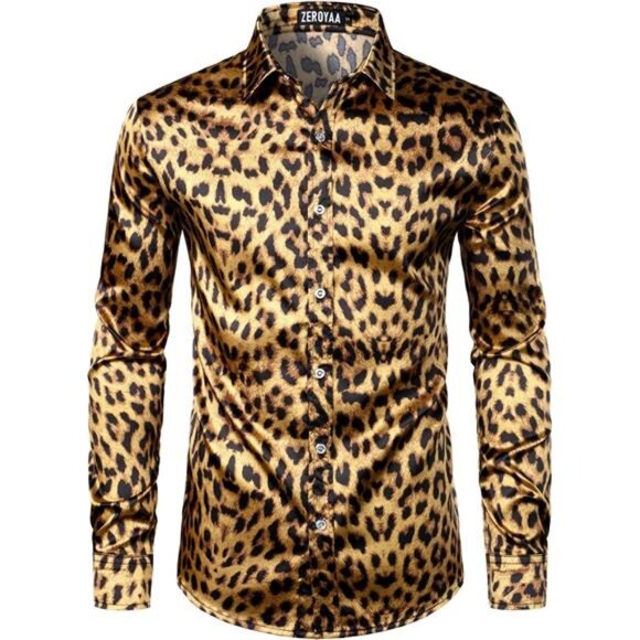 Men's Hipster Fitted Silk Like Satin Dress Shirt Long Sleeve Button Down Printed - Picture 1 of 7